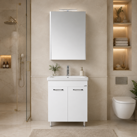 Produse - Set mobilier baie GN0541, front MDF, cu lavoar ceramic, 60 cm, 2 usi, 2 rafturi, picioare cromate reglabile, balamale soft close si dulap cu oglinda GN5011, MDF, iluminare led, alb
