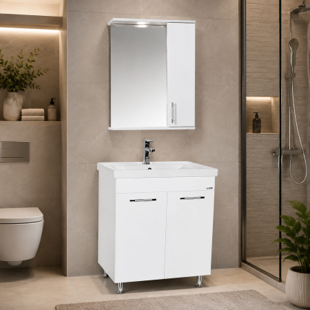 Produse - Set mobilier baie GN0541, front MDF, cu lavoar ceramic, 60 cm, 2 usi, 2 rafturi, picioare cromate reglabile, balamale soft close si oglinda cu dulap GN0201, dreptunghiulara, PAL, iluminare led, alb
