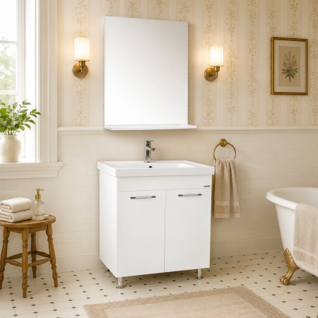 Produse - Set mobilier baie GN0541, front MDF, cu lavoar ceramic, 60 cm, 2 usi, 2 rafturi, picioare cromate reglabile, balamale soft close si oglinda cu polita GN0551, dreptunghiulara, PAL, alb
