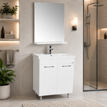 Produse - Set mobilier baie GN0541, front MDF, cu lavoar ceramic, 60 cm, 2 usi, 2 rafturi, picioare cromate reglabile, balamale soft close si oglinda cu polita GN0671, dreptunghiulara, PAL, ALB
