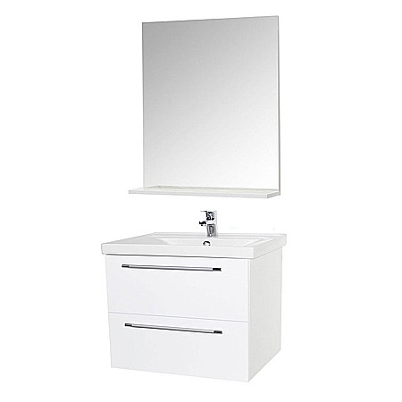 Seturi mobilier baie - Set mobilier baie suspendat, cu lavoar ceramic, GN0541, front MDF, 60 cm, 2 sertare, glisiere soft close si oglinda cu polita GN0551, dreptunghiulara, PAL, alb