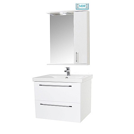 Seturi mobilier baie - Set mobilier baie suspendat, cu lavoar ceramic, GN0541, front MDF, 60 cm, 2 sertare, glisiere soft close si oglinda cu dulap GN0201, dreptunghiulara, PAL, iluminare led, 2 rafturi, alb