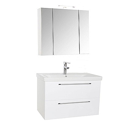 Seturi mobilier baie - Set mobilier baie suspendat, cu lavoar ceramic, GN0541, front MDF, 80 cm, 2 sertare, glisiere soft close si dulap cu oglinda Celine, PAL, iluminare led, alb