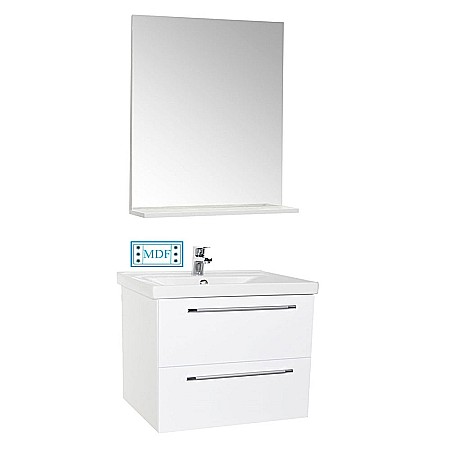 Seturi mobilier baie - Set mobilier baie suspendat, cu lavoar ceramic, GN0541, front MDF, 70 cm, 2 sertare, glisiere soft close si oglinda cu polita GN0551, dreptunghiulara, PAL, alb