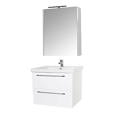 Set mobilier baie suspendat, cu lavoar ceramic, GN0541, front MDF, 60 cm, 2 sertare, glisiere soft close si dulap cu oglinda GN5011, MDF, iluminare led,cu usa, 3 rafturi, alb