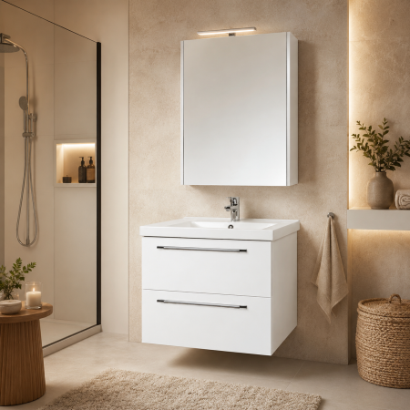 Produse - Set mobilier baie suspendat, cu lavoar ceramic, GN0541, front MDF, 60 cm, 2 sertare, glisiere soft close si dulap cu oglinda GN5011, MDF, iluminare led,cu usa, 3 rafturi, alb