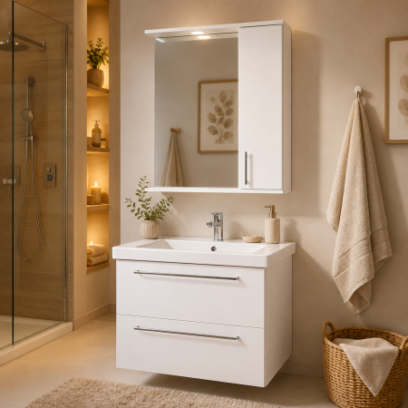 Produse - Set mobilier baie suspendat, cu lavoar ceramic, GN0541, front MDF, 60 cm, 2 sertare, glisiere soft close si oglinda cu dulap GN0201, dreptunghiulara, PAL, iluminare led, 2 rafturi, alb