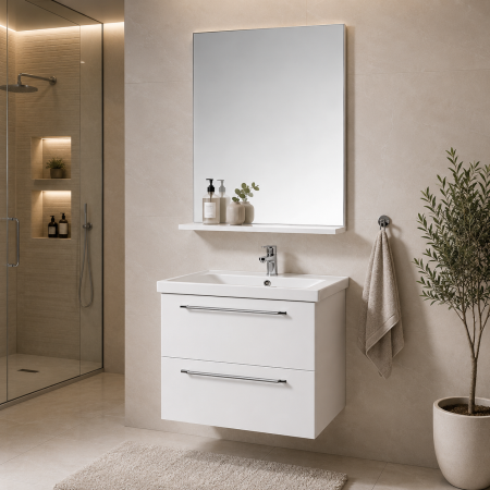 Produse - Set mobilier baie suspendat, cu lavoar ceramic, GN0541, front MDF, 60 cm, 2 sertare, glisiere soft close si oglinda cu polita GN0551, dreptunghiulara, PAL, alb