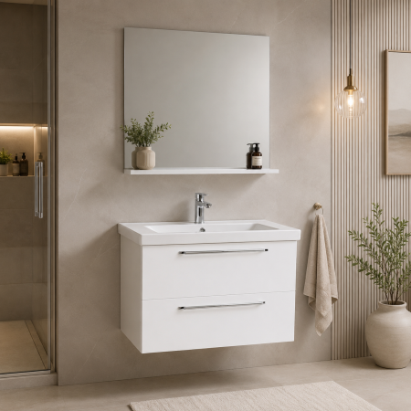Produse - Set mobilier baie suspendat, cu lavoar ceramic, GN0541, front MDF, 80 cm, 2 sertare, glisiere soft close si oglinda cu polita GN0551, PAL, alb