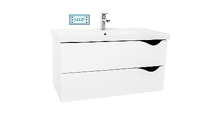 Set mobilier baie suspendat GN0971, front MDF cu lavoar ceramic, 80 cm, 2 sertare, glisiere soft close si oglinda cu polita GN0551, dreptunghiulara, PAL, alb [1]