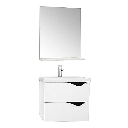 Set mobilier baie suspendat GN0971, front MDF cu lavoar ceramic, 60 cm, 2 sertare, glisiere soft close si oglinda cu polita GN0551, PAL, alb