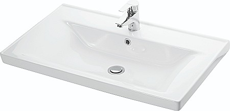Set mobilier baie suspendat GN0971, front MDF cu lavoar ceramic, 80 cm, 2 sertare, glisiere soft close si oglinda cu polita GN0551, dreptunghiulara, PAL, alb [3]