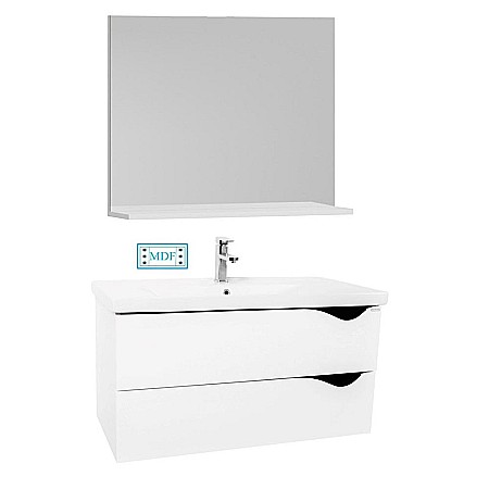 EOL - Set mobilier baie suspendat GN0971, front MDF cu lavoar ceramic, 80 cm, 2 sertare, glisiere soft close si oglinda cu polita GN0551, dreptunghiulara, PAL, alb