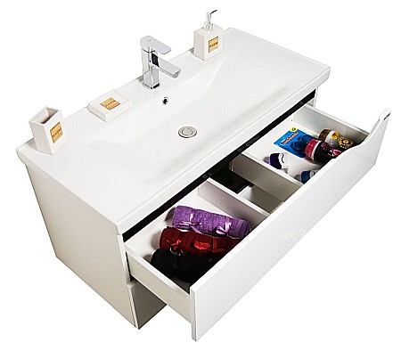 Set mobilier baie suspendat GN0971, front MDF cu lavoar ceramic, 80 cm, 2 sertare, glisiere soft close si oglinda cu polita GN0551, dreptunghiulara, PAL, alb [7]