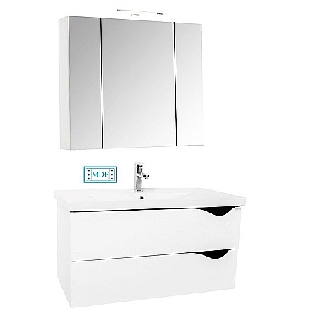 EOL - Set mobilier baie suspendat GN0971, front MDF cu lavoar ceramic, 80 cm, 2 sertare, glisiere soft close si dulap cu oglinda Celine, PAL, iluminare led, alb