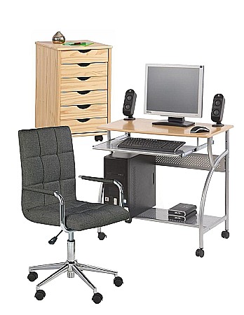 Set mobilier birou copii HM B6, MDF, metalic, spatii depozitare, cu scaun HM Gonzo 3 gri inchis, stofa, 90 kg si dulapior rulant HM Nils, cu roti, lemn, natur