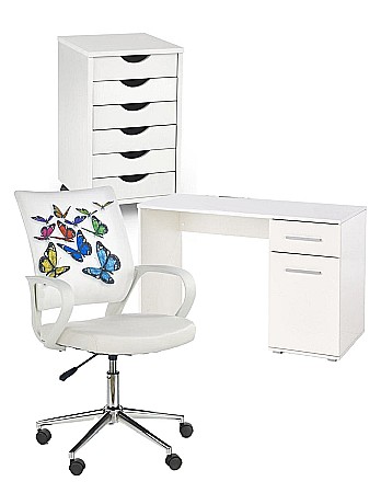 Set mobilier birou copii HM Lima B1, PAL lucios, spatii depozitare, cu scaun HM Ibis Butterfly, stofa/piele ecologica, 100 kg si dulapior rulant HM Simon 2, cu roti, front MDF, alb