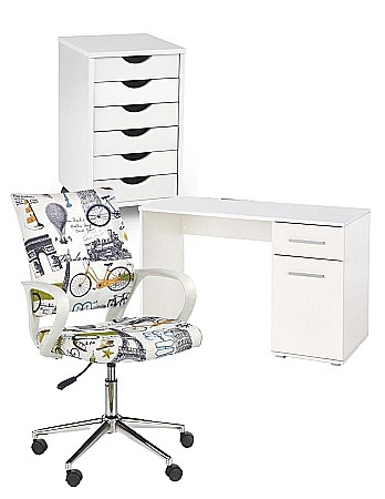 Set mobilier birou copii HM Lima B1, PAL lucios, spatii depozitare, cu scaun HM Ibis Paris, stofa, 100 kg si dulapior rulant HM Simon 2, cu roti, front MDF, alb