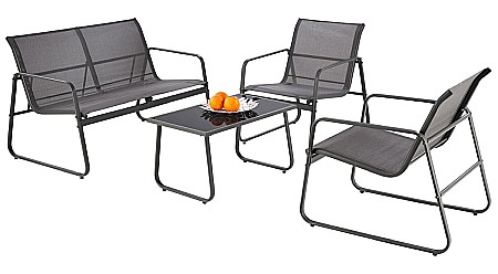 Produse - Set mobilier de gradina si terasa HM Conor, metalic, tapiterie textilena, cu canapea, fotolii si masuta cafea, 4 persoane, gri inchis