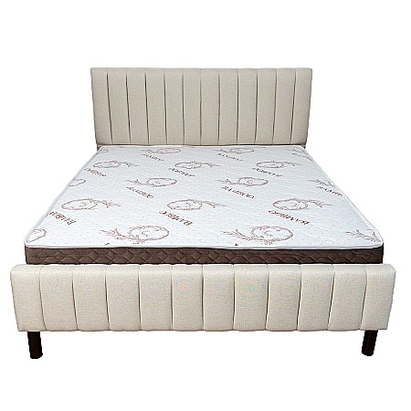 Set pat dublu Erzon, elemente lemn masiv, tapitat cu stofa, cu somiera, crem si saltea ortopedica Optima Bamboo, margine antilasare, banda aerisire, 160x200 cm [8]