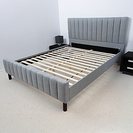 Set pat dublu Erzon, elemente lemn masiv, tapitat cu stofa, somiera inclusa, gri si saltea ortopedica Optima Silver Care, plasa de arcuri, reversibila,140x200 cm [6]