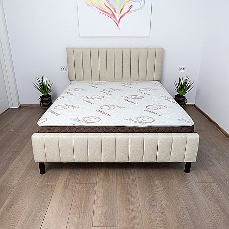 Set pat dublu Erzon, elemente lemn masiv, tapitat cu stofa, cu somiera, crem si saltea ortopedica Optima Bamboo, margine antilasare, banda aerisire, 160x200 cm [4]
