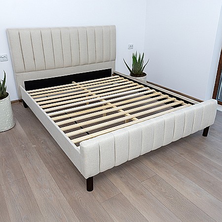 Set pat dublu Erzon, elemente lemn masiv, tapitat cu stofa, cu somiera, crem si saltea ortopedica Optima Bamboo, margine antilasare, banda aerisire, 160x200 cm [6]
