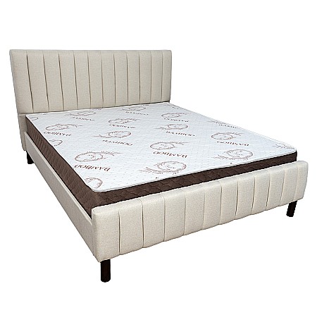 Set pat dublu Erzon, elemente lemn masiv, tapitat cu stofa, cu somiera, crem si saltea ortopedica Optima Bamboo, margine antilasare, banda aerisire, 160x200 cm [9]