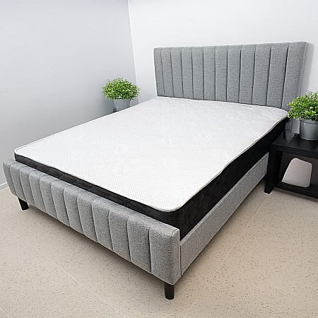 Paturi - Set pat dublu Erzon, elemente lemn masiv, tapitat cu stofa, somiera inclusa, gri si saltea ortopedica Optima Silver Care, plasa de arcuri, reversibila,140x200 cm