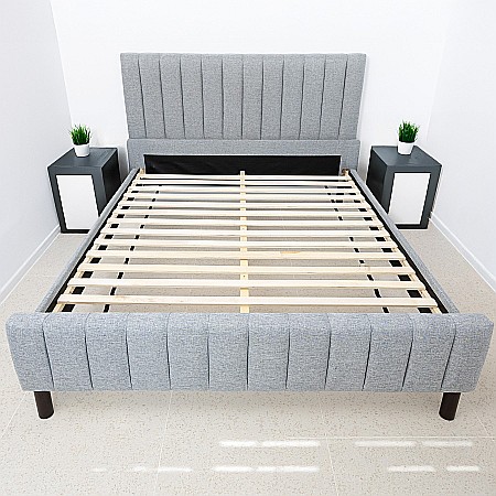 Set pat dublu Erzon, elemente lemn masiv, tapitat cu stofa, somiera inclusa, gri si saltea ortopedica Optima Silver Care, plasa de arcuri, reversibila,140x200 cm [3]