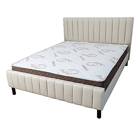 Set pat dublu Erzon, elemente lemn masiv, tapitat cu stofa, cu somiera, crem si saltea ortopedica Optima Bamboo, margine antilasare, banda aerisire, 160x200 cm [3]