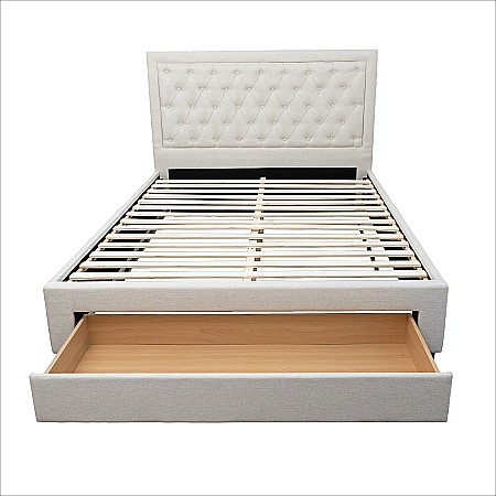 Set pat matrimonial cu sertar Austin, elemente lemn masiv, tapitat cu stofa, cu somiera, crem si saltea ortopedica Optima Bamboo, arcuri, margine antilasare, sistem de aerisire 140x200 cm [9]