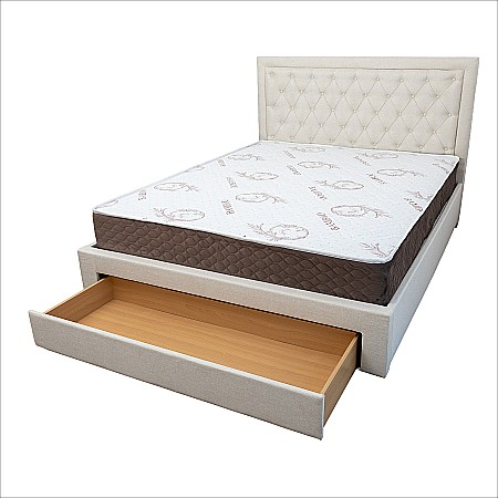 Set pat matrimonial cu sertar Austin, elemente lemn masiv, tapitat cu stofa, cu somiera, crem si saltea ortopedica Optima Bamboo, arcuri, margine antilasare, sistem de aerisire 140x200 cm [2]
