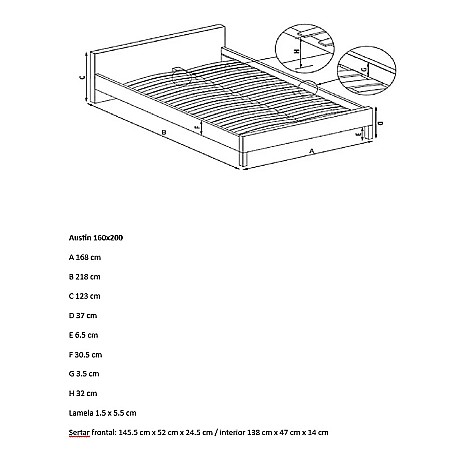 Set pat matrimonial cu sertar Austin, elemente lemn masiv, tapitat cu stofa, cu somiera, crem si saltea ortopedica Optima Bamboo, arcuri, margine antilasare, sistem de aerisire 160x200 cm [21]