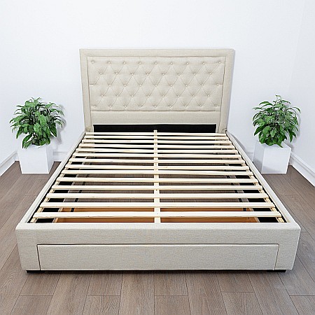 Set pat matrimonial cu sertar Austin, elemente lemn masiv, tapitat cu stofa, cu somiera, crem si saltea ortopedica Optima Bamboo, arcuri, margine antilasare, sistem de aerisire 160x200 cm [5]