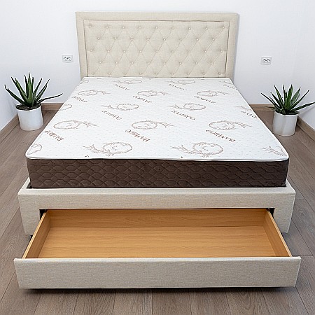 Set pat matrimonial cu sertar Austin, elemente lemn masiv, tapitat cu stofa, cu somiera, crem si saltea ortopedica Optima Bamboo, arcuri, margine antilasare, sistem de aerisire 160x200 cm [3]