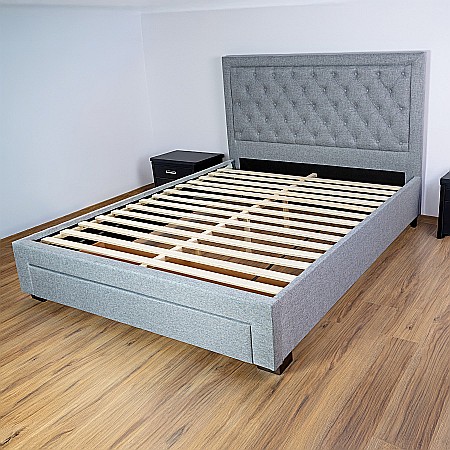 Set pat matrimonial cu sertar Austin, elemente lemn masiv, tapitat cu stofa, cu somiera, gri si saltea ortopedica Optima Silver, arcuri, margine antilasare, sistem de aerisire,160x200 cm [3]