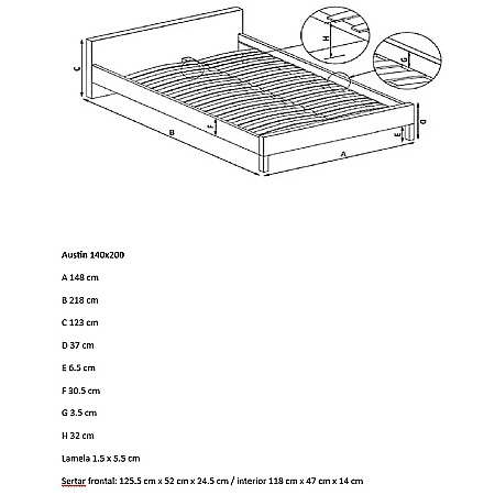 Set pat matrimonial cu sertar Austin, elemente lemn masiv, tapitat cu stofa, cu somiera, crem si saltea ortopedica Optima Bamboo, arcuri, margine antilasare, sistem de aerisire 140x200 cm [21]