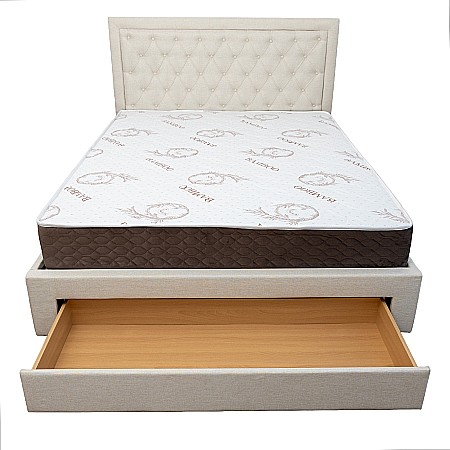 Set pat matrimonial cu sertar Austin, elemente lemn masiv, tapitat cu stofa, cu somiera, crem si saltea ortopedica Optima Bamboo, arcuri, margine antilasare, sistem de aerisire 140x200 cm [15]