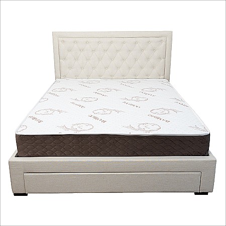 Set pat matrimonial cu sertar Austin, elemente lemn masiv, tapitat cu stofa, cu somiera, crem si saltea ortopedica Optima Bamboo, arcuri, margine antilasare, sistem de aerisire 160x200 cm [12]