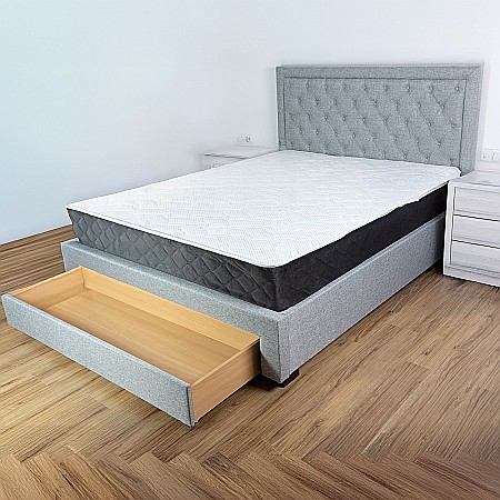 Set pat matrimonial cu sertar Austin, elemente lemn masiv, tapitat cu stofa, cu somiera, gri si saltea ortopedica Optima Silver, arcuri, margine antilasare, sistem de aerisire,160x200 cm [4]