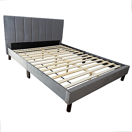 Set pat tapitat Limess, elemente lemn masiv, catifea, somiera inclusa, gri si saltea ortopedica Optima Silver Care, plasa de arcuri, reversibila, 160x200 cm [3]