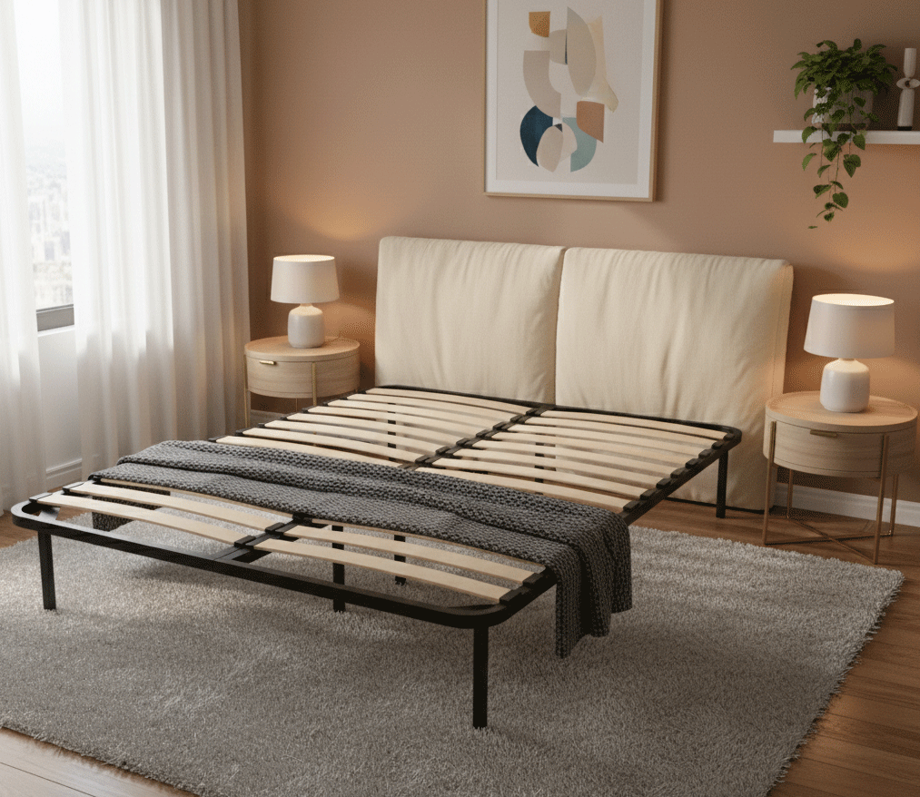 Somiera metalica fixa pentru pat 120x190, 6 picioare, 30 lamele lemn fag, benzi textile, suport saltea ferm, negru [1]