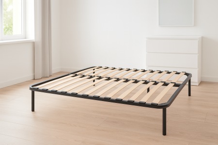 Produse - Somiera metalica fixa pentru pat 120x190, 6 picioare, 30 lamele lemn fag, benzi textile, suport saltea ferm, negru