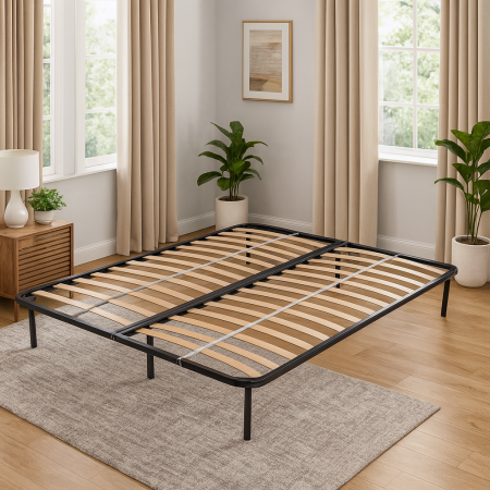 Somiere - Somiera metalica fixa pentru pat 120x190, 6 picioare, 30 lamele lemn fag, benzi textile, suport saltea ferm, negru