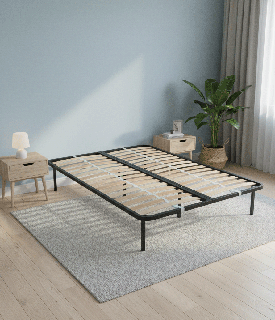 Produse - Somiera metalica fixa pentru pat dublu 160x200, 6 picioare, 32 lamele lemn fag, benzi textile, suport saltea ferm, negru