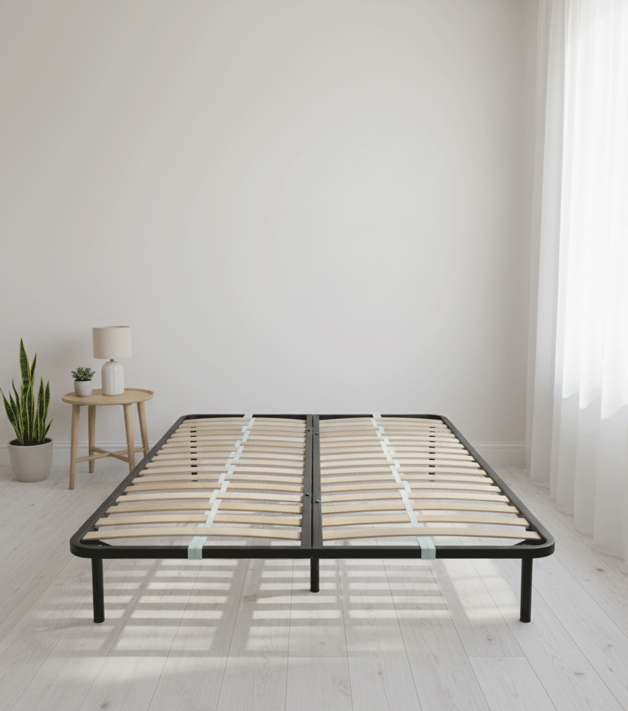 Produse - Somiera metalica fixa pentru pat dublu 180x200, 6 picioare, 32 lamele lemn fag, benzi textile, suport saltea ferm, negru