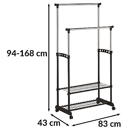 Stender haine cu suport incaltaminte dublu SL Nova II Bis, metalic, cu roti, inaltime ajustabila, solid, negru/argintiu [4]