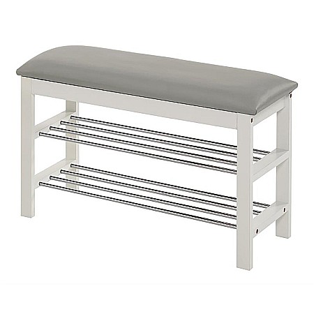 Produse - Suport pentru pantofi HM ST11, cu bancheta, lemn masiv, piele ecologica, 2 rafturi metalice, capacitate 8 perechi, alb