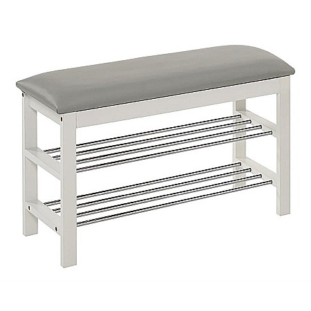 Suport pentru pantofi HM ST11, cu bancheta, lemn masiv, piele ecologica, 2 rafturi metalice, capacitate 8 perechi, alb [1]